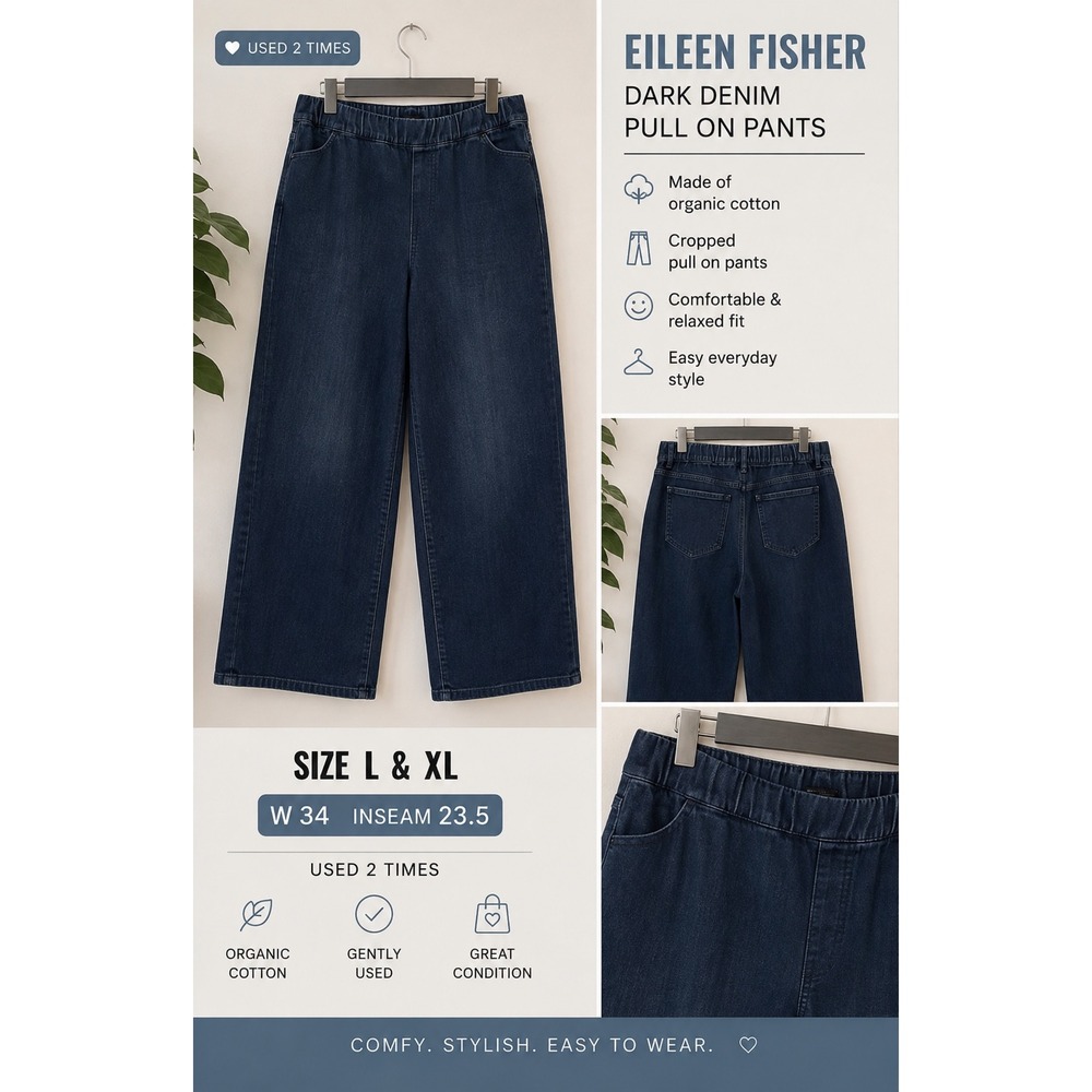 Eileen Fisher Organic Cotton Dark Denim Pull On Cropped Wide Leg Pants L (XL)